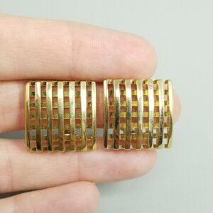 Vintage Avon Gold Tone Square Checkerboard Clip On Earrings, Retro Signed